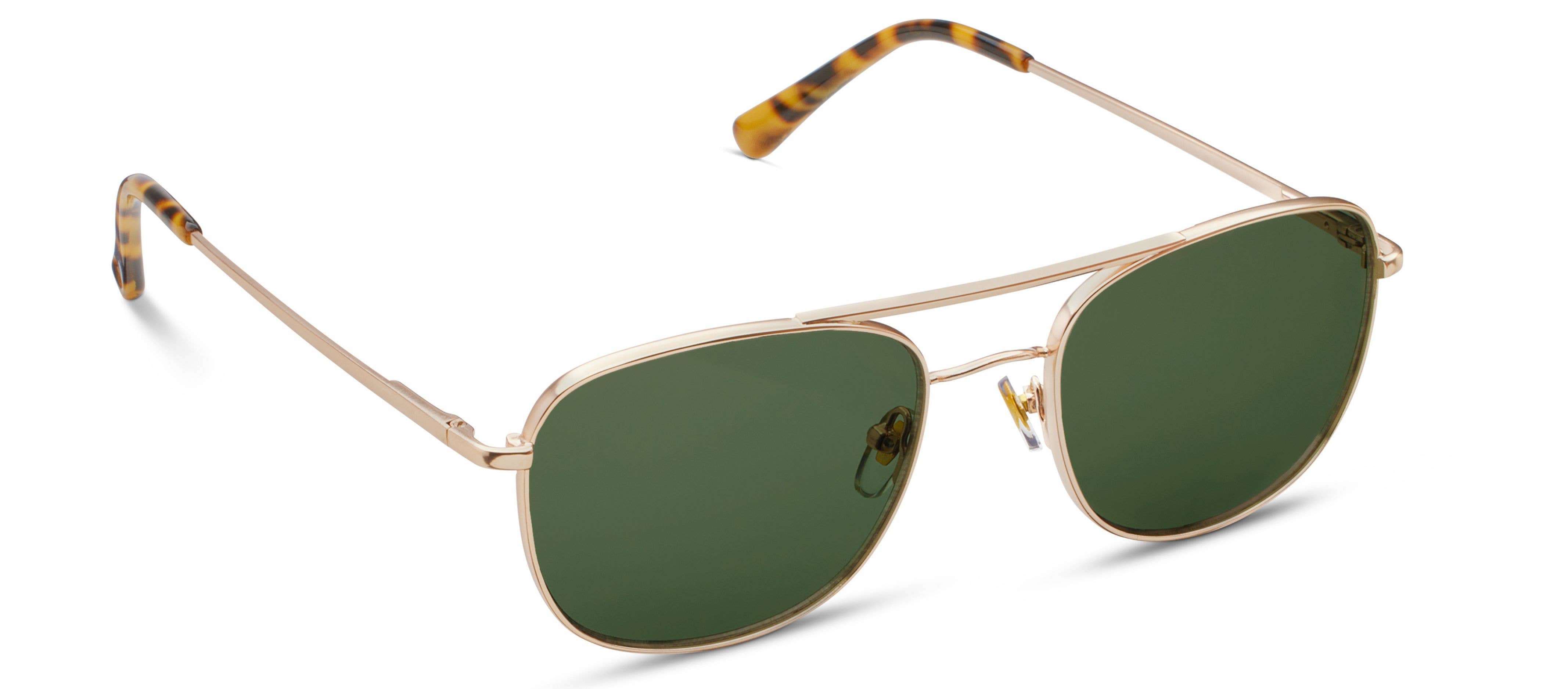 Peepers Palermo Sunglasses in Gold, metal aviator frames with green lenses and tortoise tips, angled view