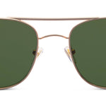 Peepers Palermo Sunglasses in Gold, front view of the double-bridge aviator frames with green lenses
