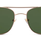 Peepers Palermo Sunglasses in Gold, front view of the double-bridge aviator frames with green lenses
