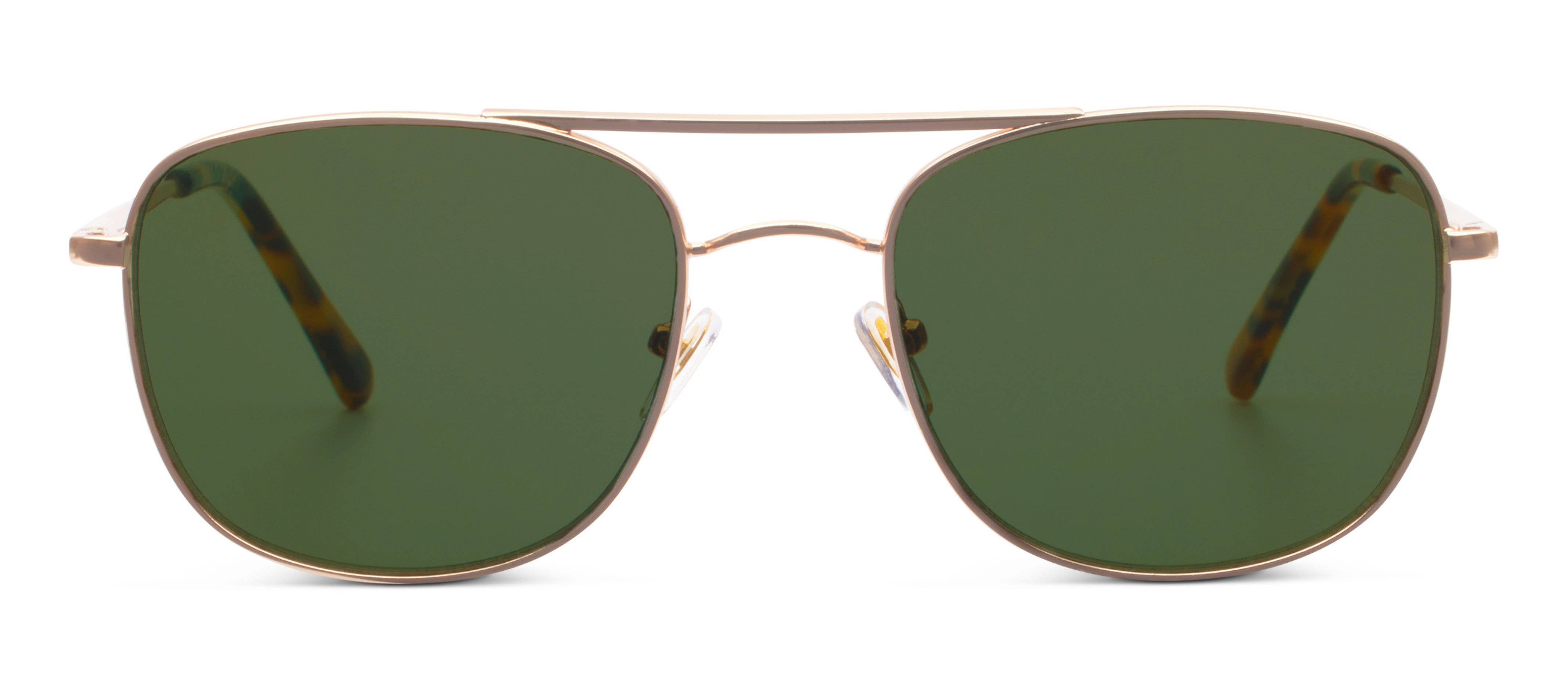 Peepers Palermo Sunglasses in Gold, front view of the double-bridge aviator frames with green lenses
