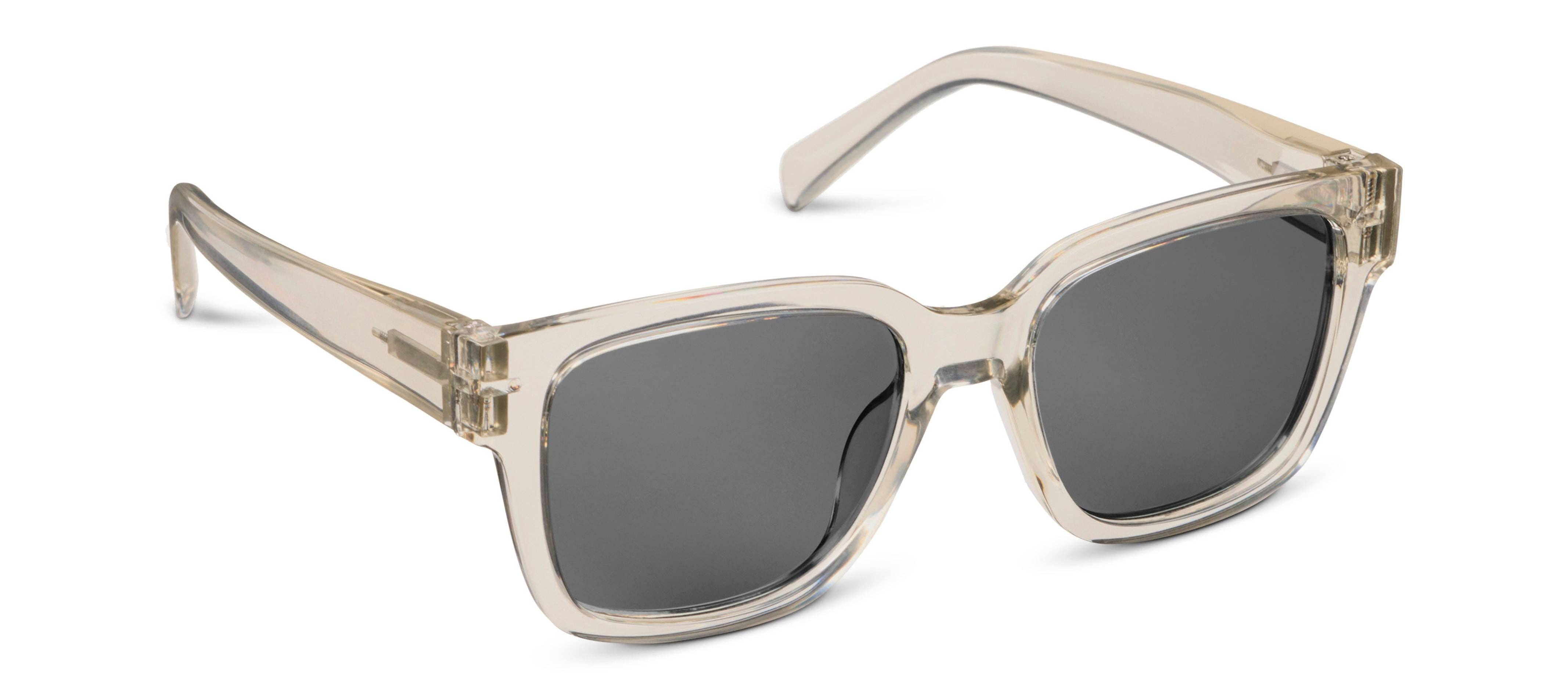 Peepers Paloma Sunglasses in Fog, translucent pale gray square frames with dark lenses, angled view
