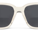 Peepers Paloma Sunglasses in Fog, close-up of the frame and dark lens
