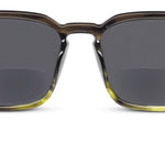 Peepers Shasta Sunglasses in black and olive gradient, close-up of the frame and gray lens