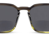 Peepers Shasta Sunglasses in black and olive gradient, close-up of the frame and gray lens
