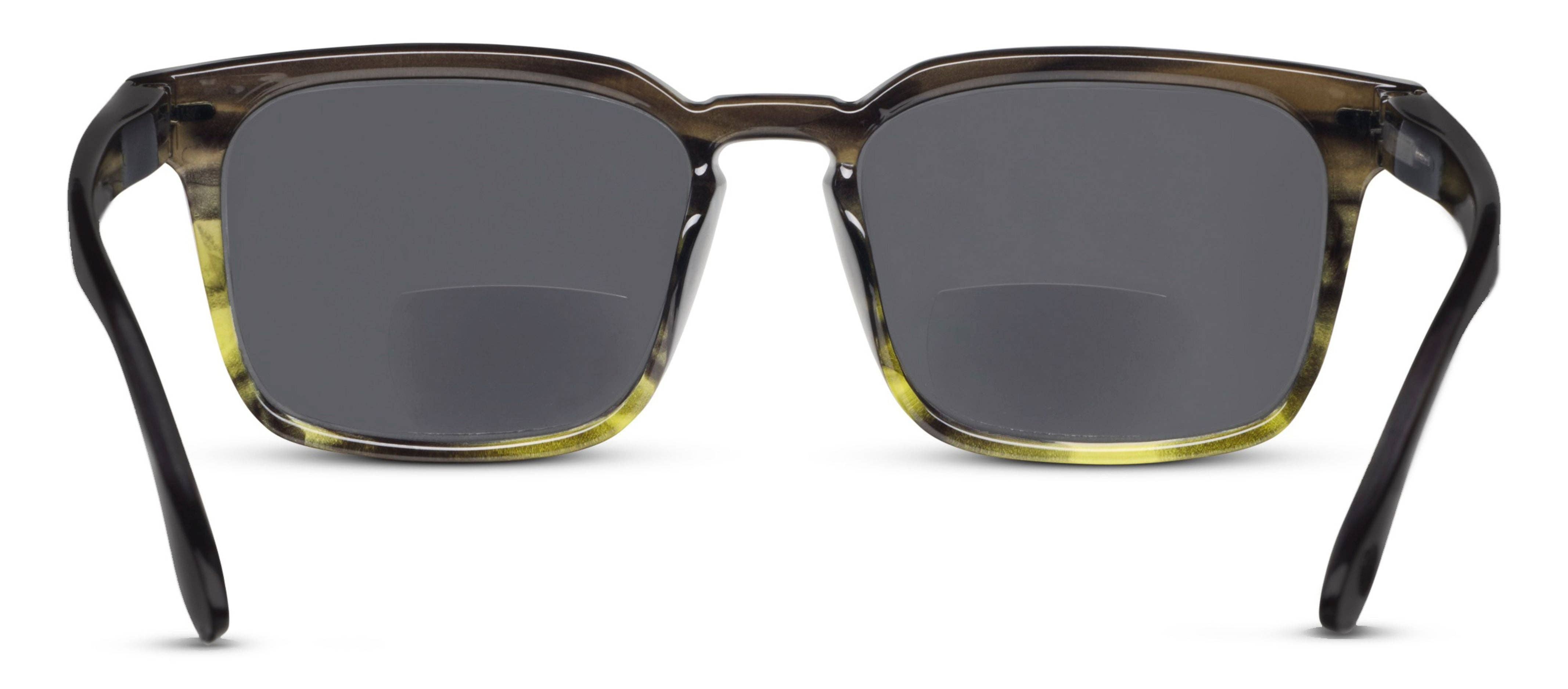 Peepers Shasta Sunglasses in black and olive gradient, close-up of the frame and gray lens