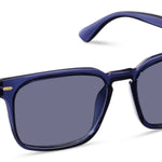 Peepers Shasta Sunglasses in Blue, translucent navy square frames with gray lenses, angled view