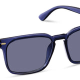 Peepers Shasta Sunglasses in Blue, translucent navy square frames with gray lenses, angled view
