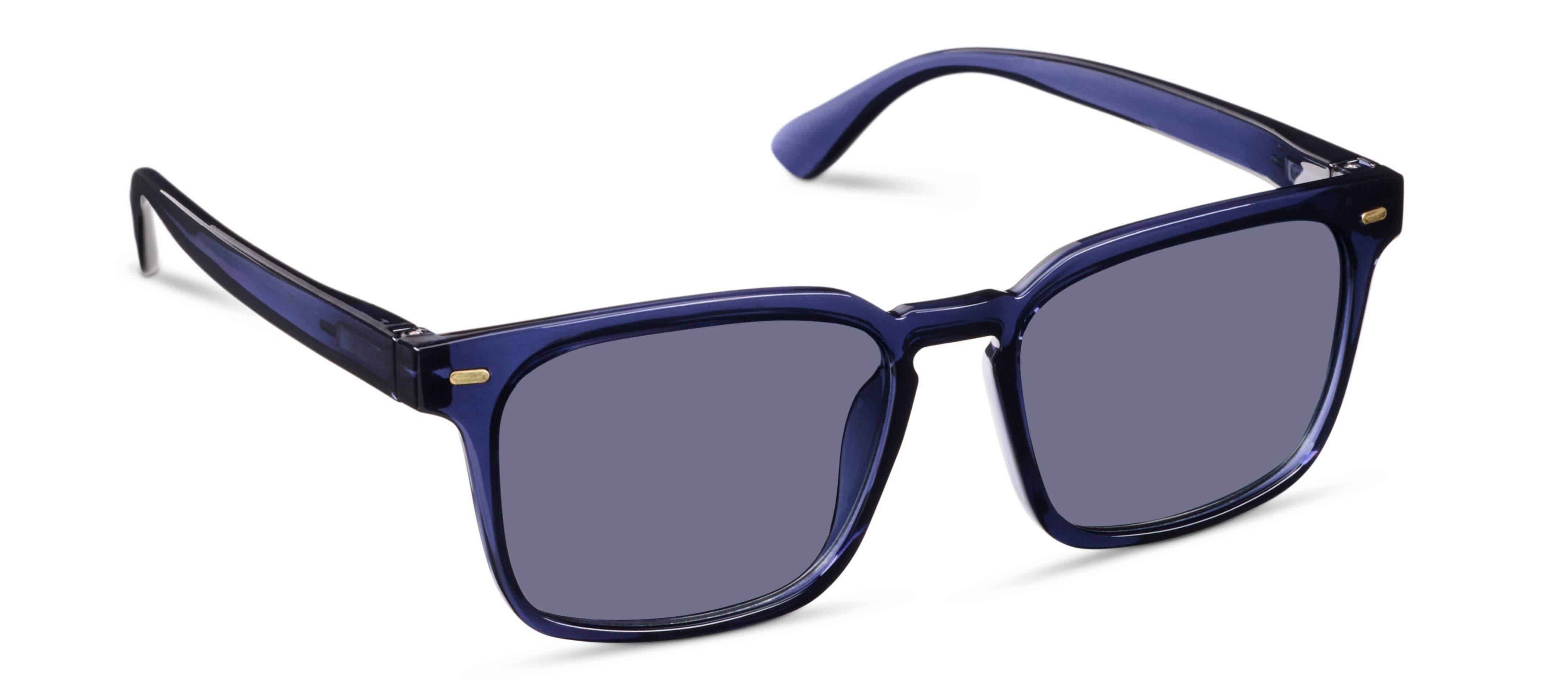Peepers Shasta Sunglasses in Blue, translucent navy square frames with gray lenses, angled view