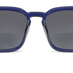 Peepers Shasta Sunglasses in Blue, close-up of the frame and gray lens