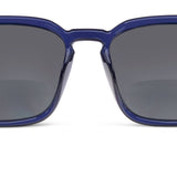 Peepers Shasta Sunglasses in Blue, close-up of the frame and gray lens