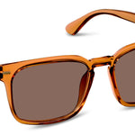 Peepers Shasta Sunglasses in Tan, translucent amber square frames with brown lenses, angled view