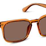 Peepers Shasta Sunglasses in Tan, translucent amber square frames with brown lenses, angled view