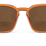 Peepers Shasta Sunglasses in Tan, close-up of the frame and brown lens
