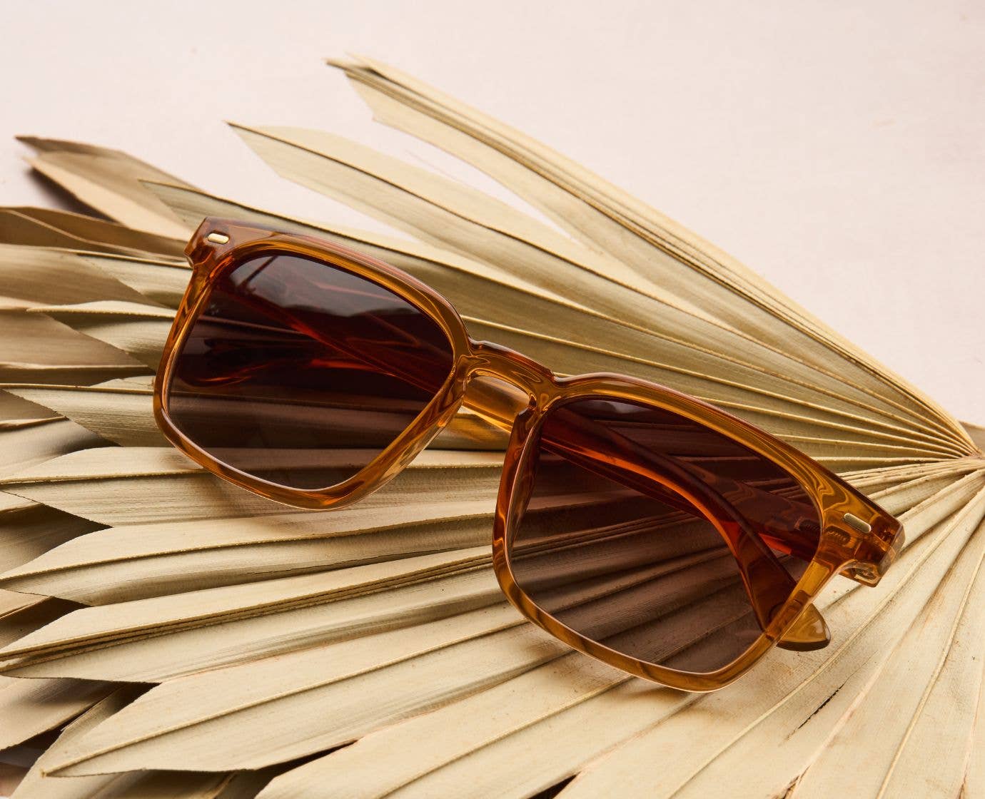 Peepers Shasta Sunglasses in Tan resting on dried palm leaves