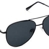 Peepers Ultraviolet Sunglasses in Black, metal aviator frames with dark lenses, angled view