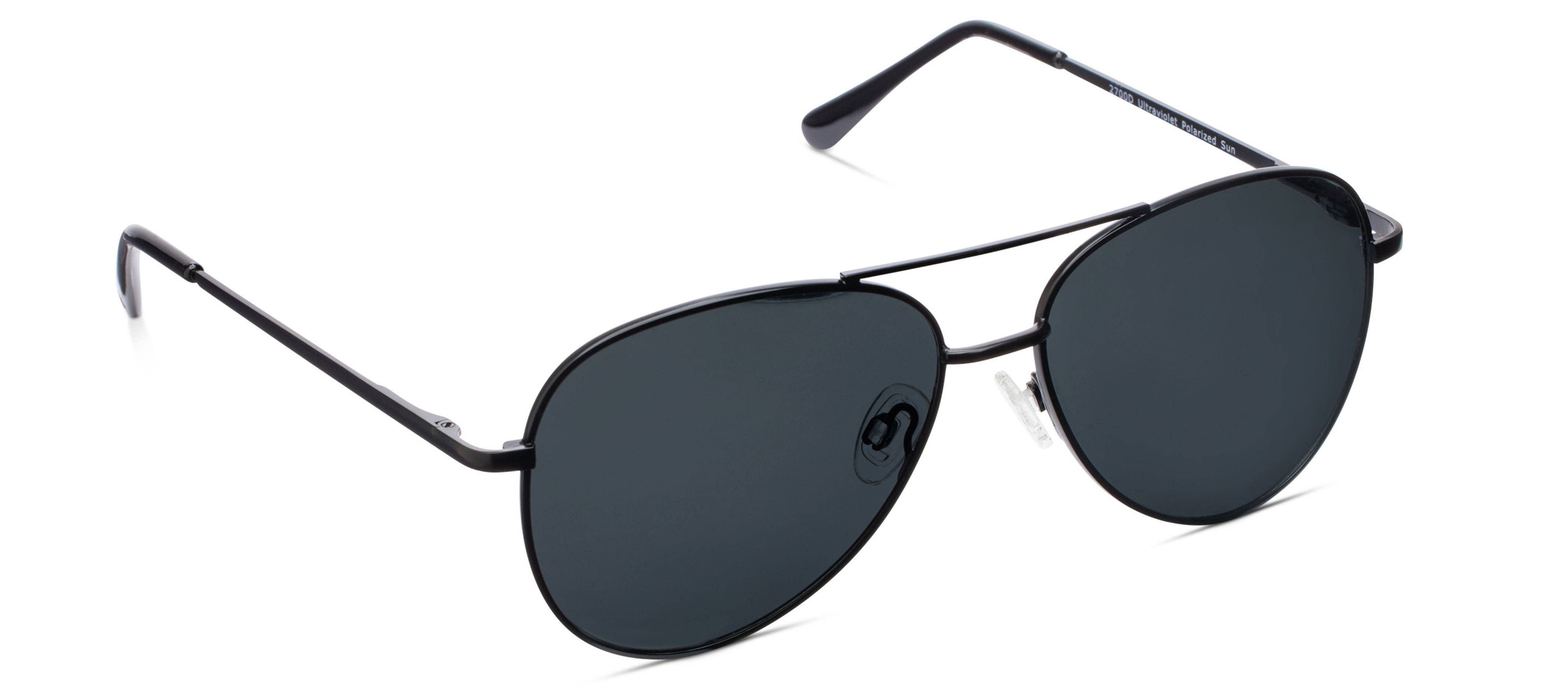 Peepers Ultraviolet Sunglasses in Black, metal aviator frames with dark lenses, angled view