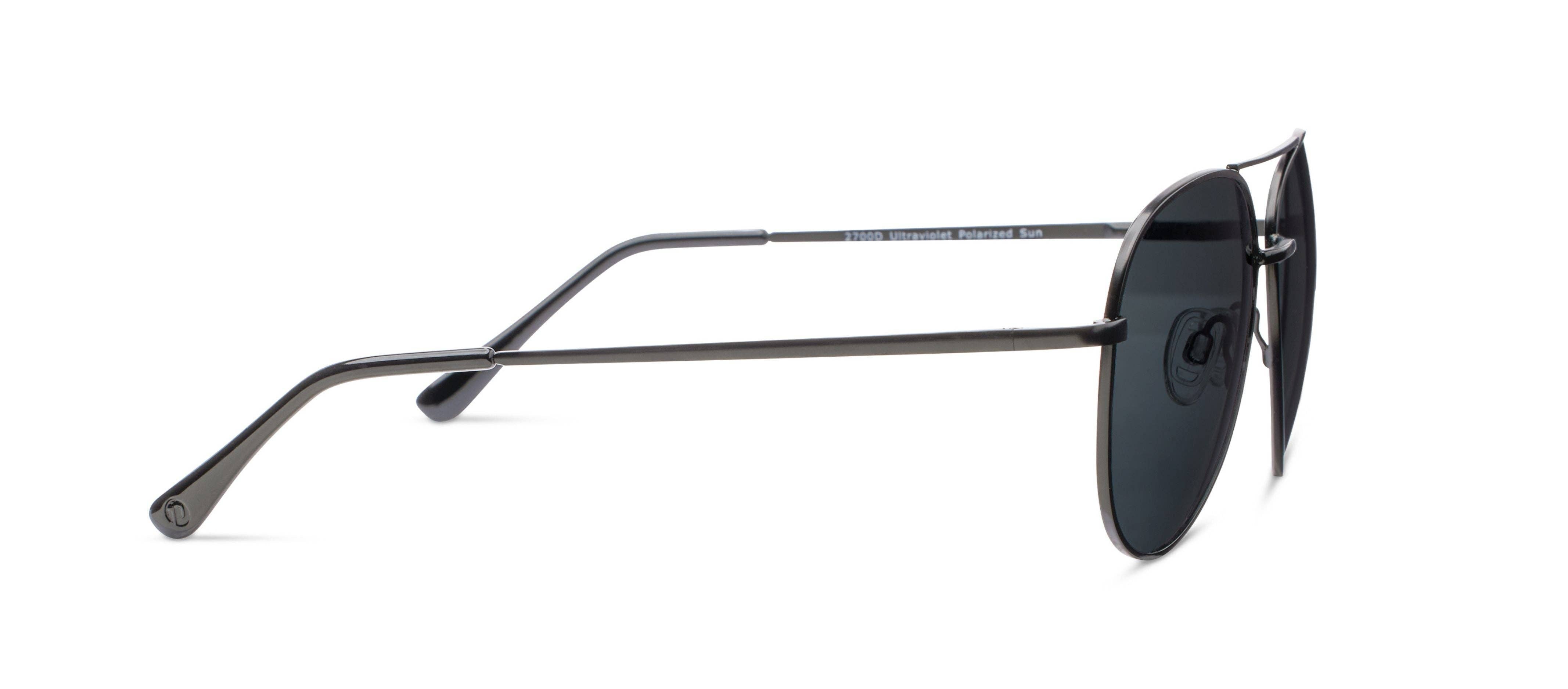 Peepers Ultraviolet Sunglasses in Black, side view of the thin metal temple arm