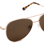 Peepers Ultraviolet Sunglasses in Gold, metal aviator frames with brown lenses and tortoise tips, angled view