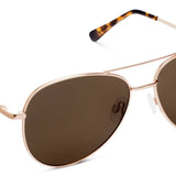 Peepers Ultraviolet Sunglasses in Gold, metal aviator frames with brown lenses and tortoise tips, angled view