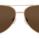 Peepers Ultraviolet Sunglasses in Gold, front view of the aviator frames with brown lenses