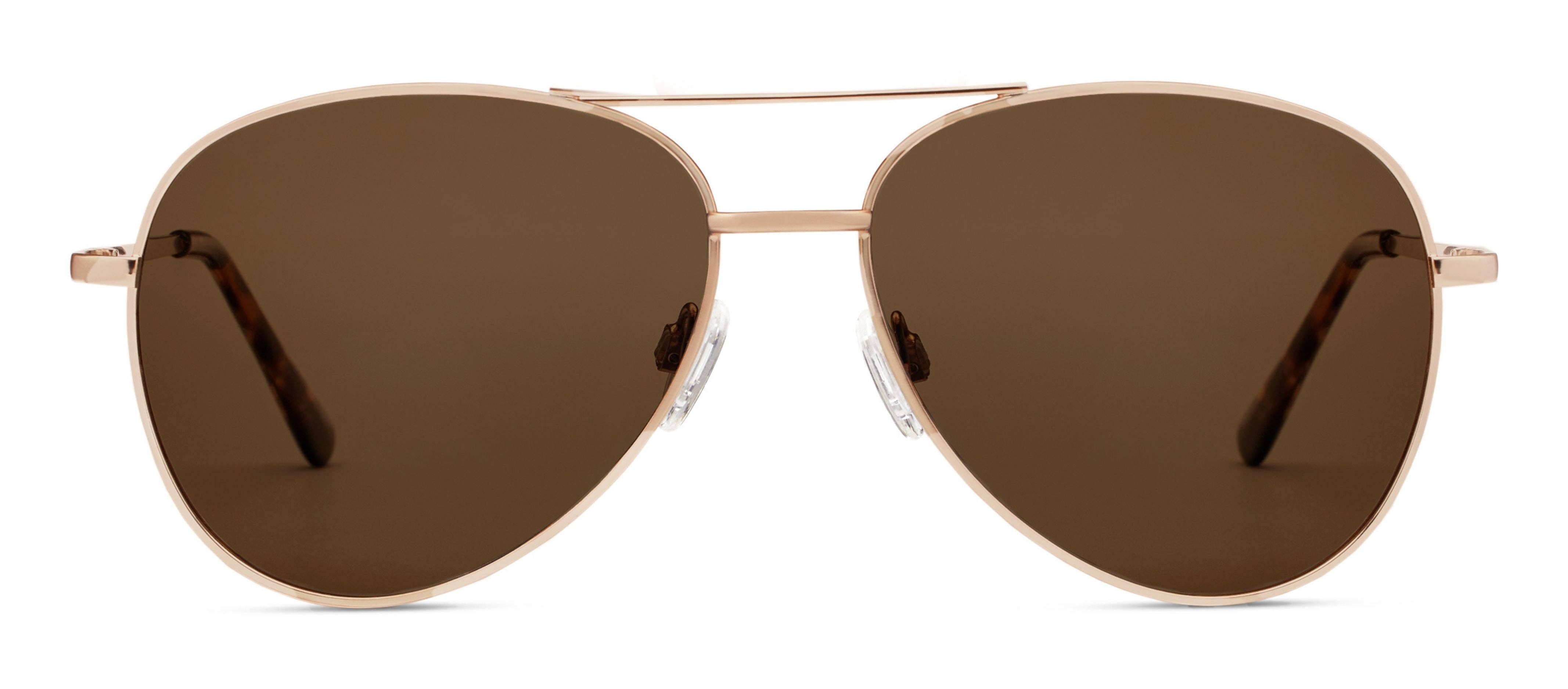 Peepers Ultraviolet Sunglasses in Gold, front view of the aviator frames with brown lenses