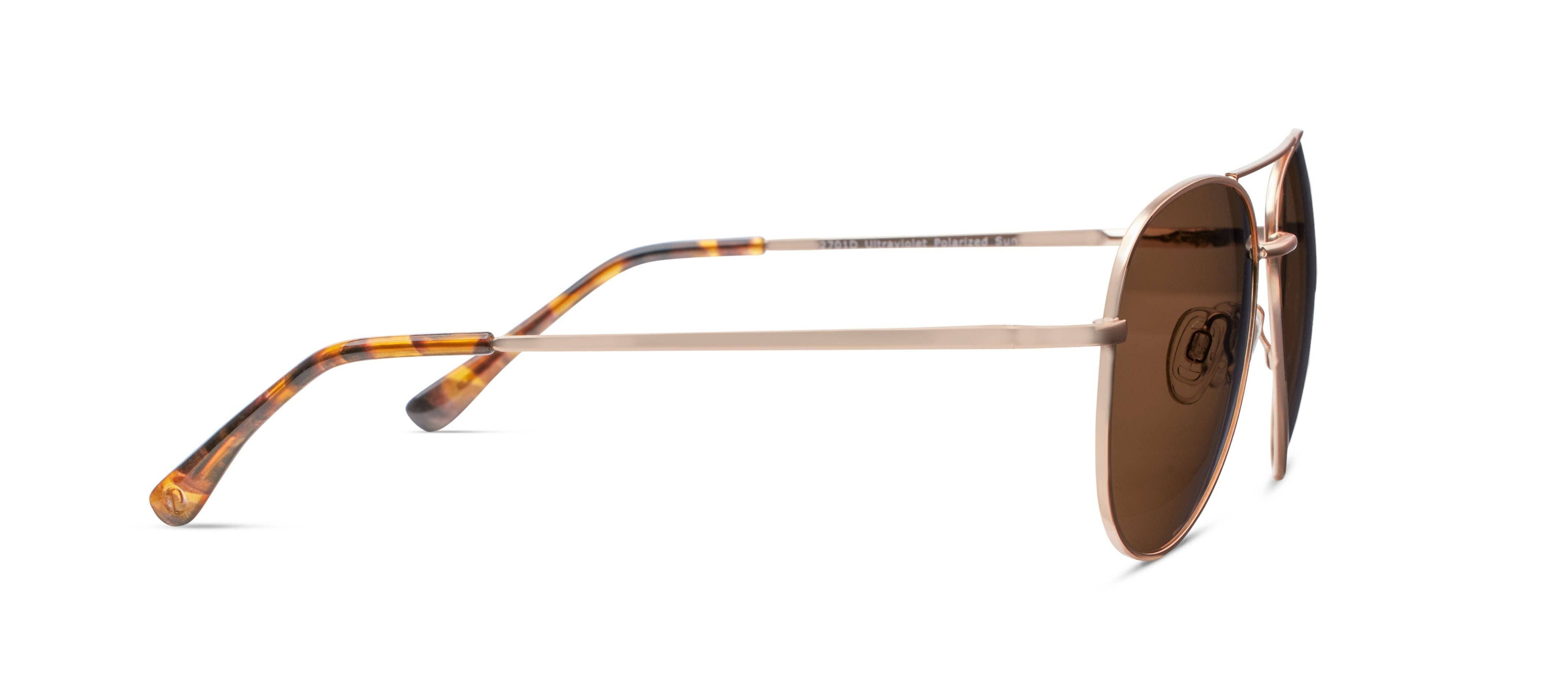 Peepers Ultraviolet Sunglasses in Gold, side view of the temple arm with tortoise tip