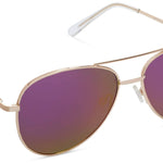 Peepers Ultraviolet Sunglasses in Pink/Gold, gold aviator frames with purple mirrored lenses, angled view