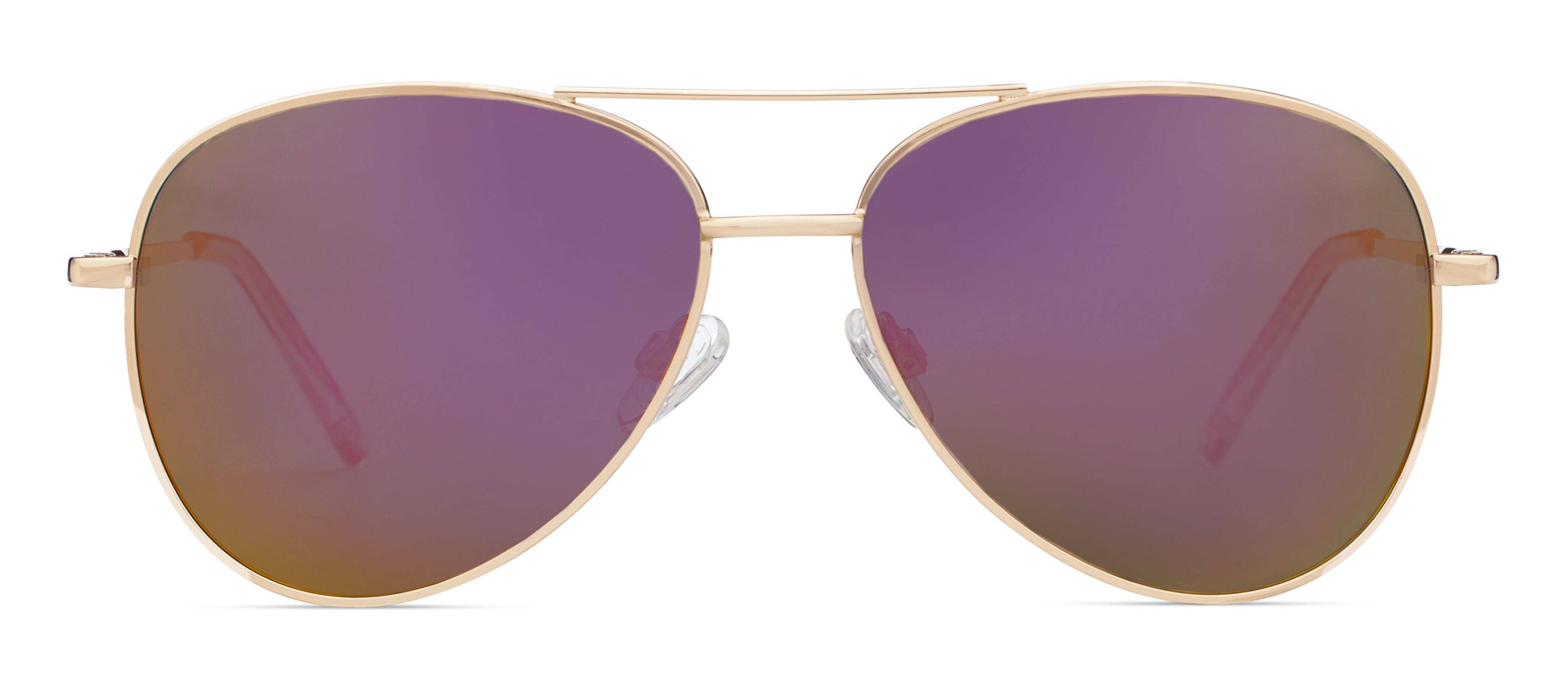 Peepers Ultraviolet Sunglasses in Pink/Gold, front view of the aviator frames with purple mirrored lenses