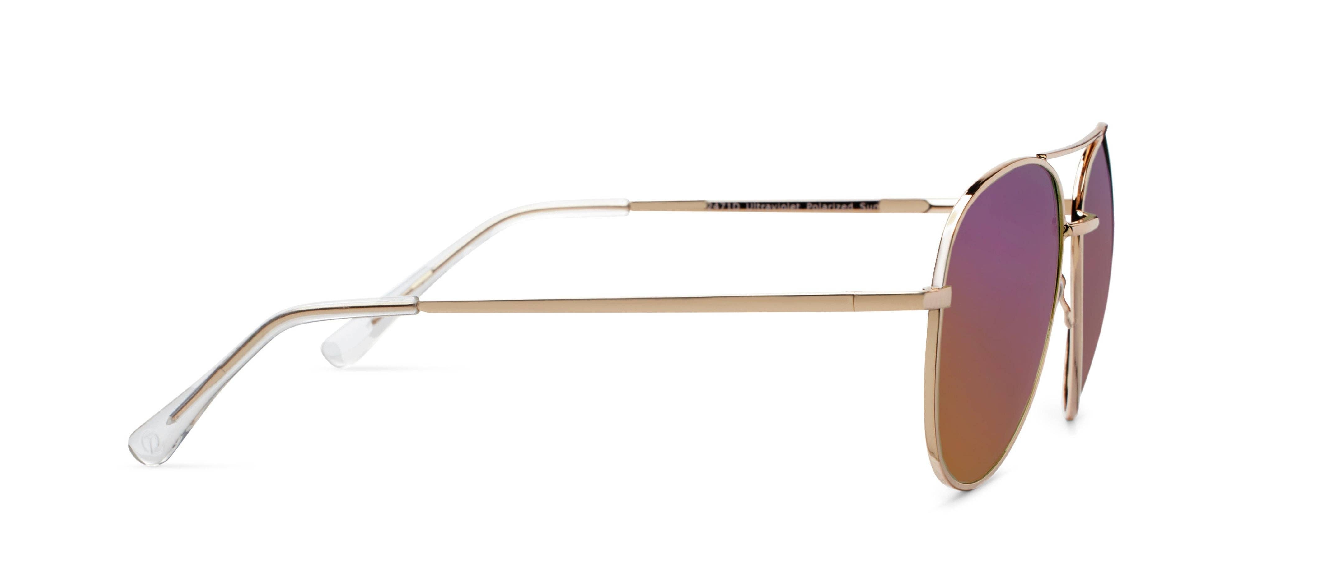 Peepers Ultraviolet Sunglasses in Pink/Gold, side view of the thin gold temple arm