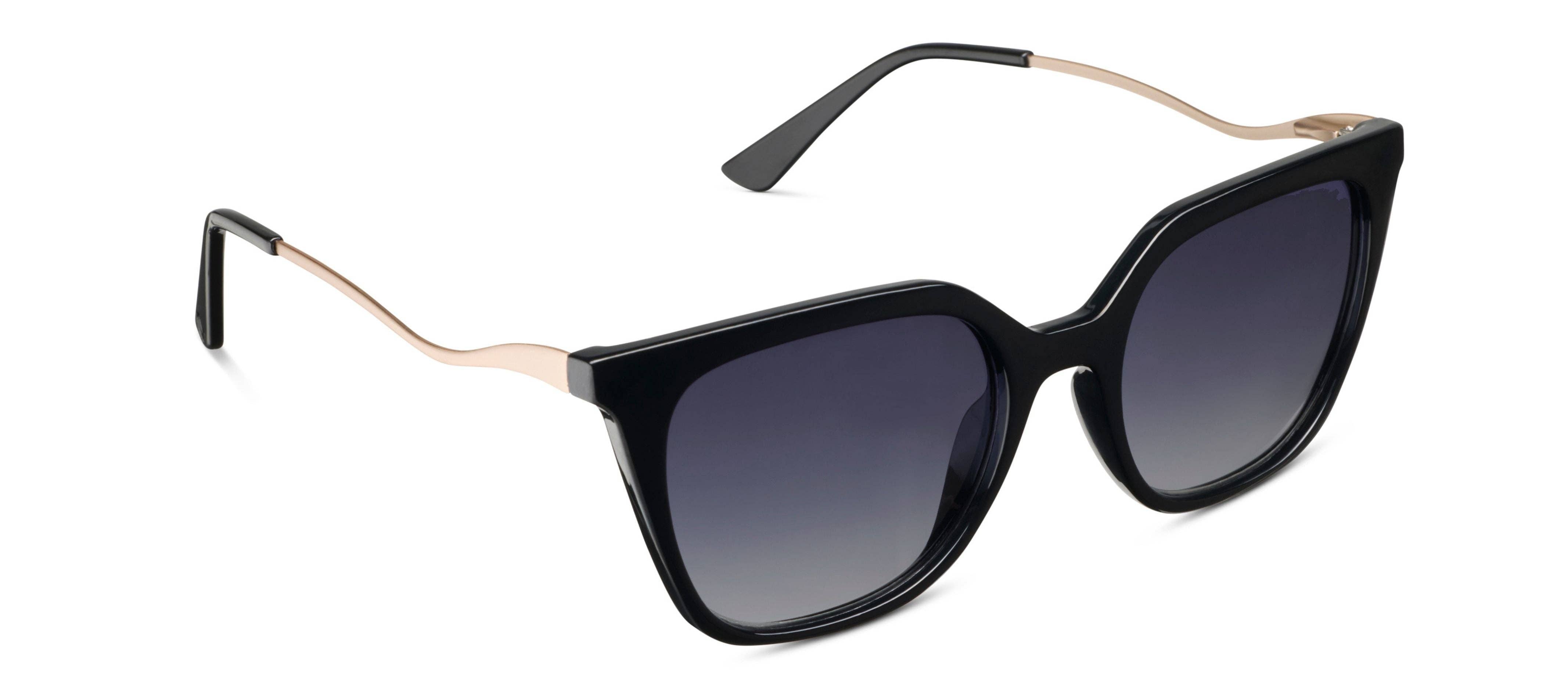 Peepers Venue Sunglasses in Black, square frames with gold temple arms and gradient lenses, angled view