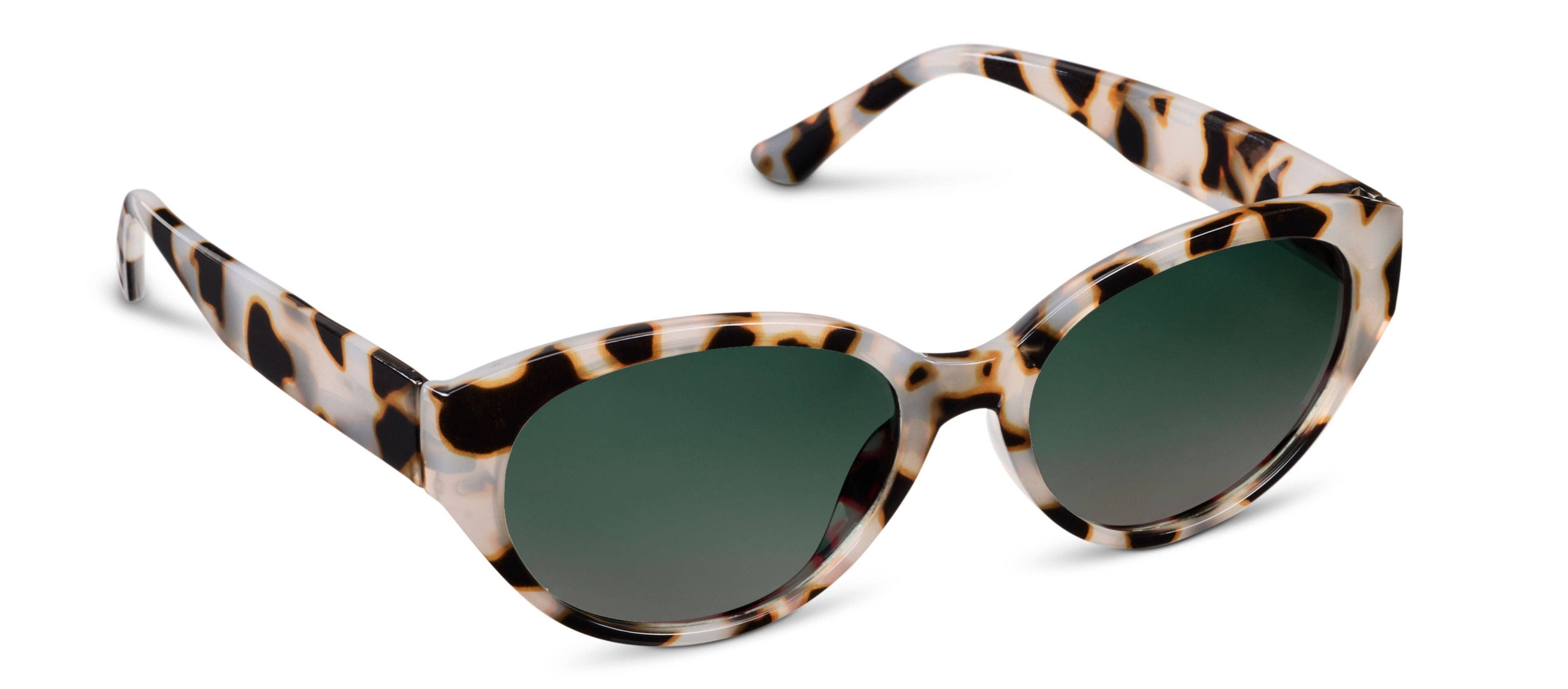 Peepers Villa Sunglasses in Chai Tortoise, cream and brown spotted oval frames with green lenses, angled view