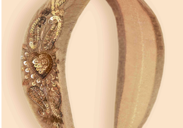 Powder Designs Embellished Headband in tan velvet with gold sequin and bead embroidery