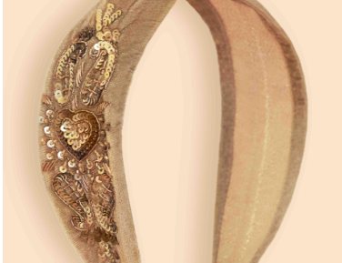 Powder Designs Embellished Headband in tan velvet with gold sequin and bead embroidery