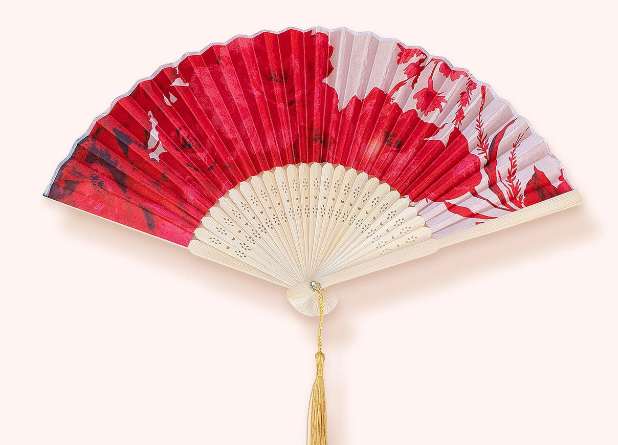 Powder Designs Satin Fan in Rouge Blooms, a red and pink floral folding fan with a gold tassel