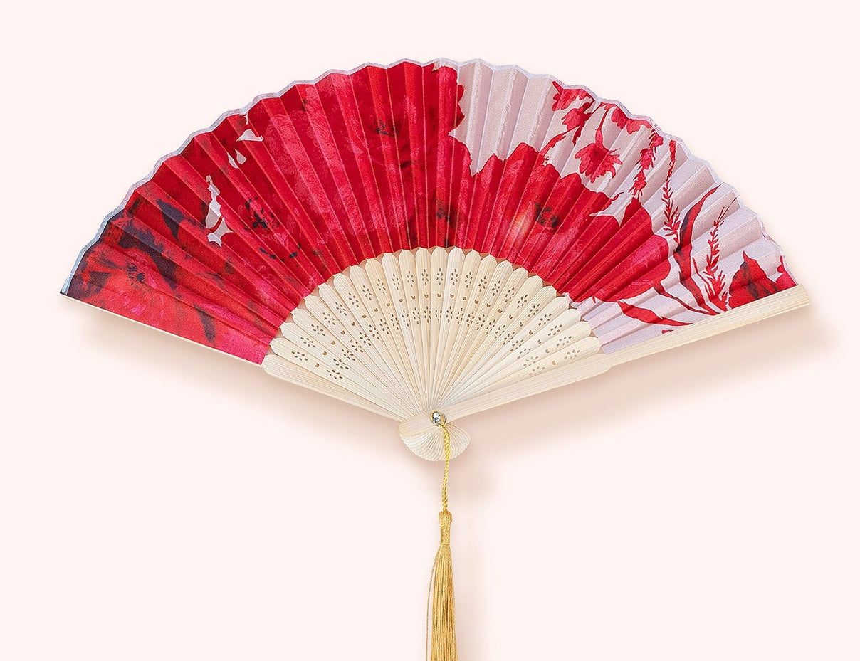 Powder Designs Satin Fan in Rouge Blooms, a red and pink floral folding fan with a gold tassel