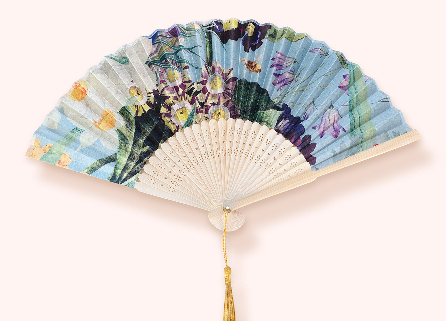 Powder Designs Satin Fan in Spring Flora, a blue and floral folding fan with a gold tassel