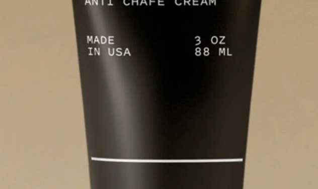 Preston Anti-Chafe Cream, close-up of the black 3 oz tube label reading soothing aloe cream-to-powder