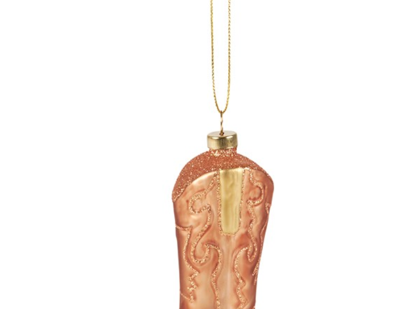 Cowboy Boot Ornament, shiny copper cowboy boot with stitched detail and a gold hanging cord