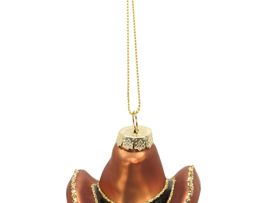 Glass Cowboy Hat Ornament, brown glass cowboy hat with a black band and a glittered gold brim