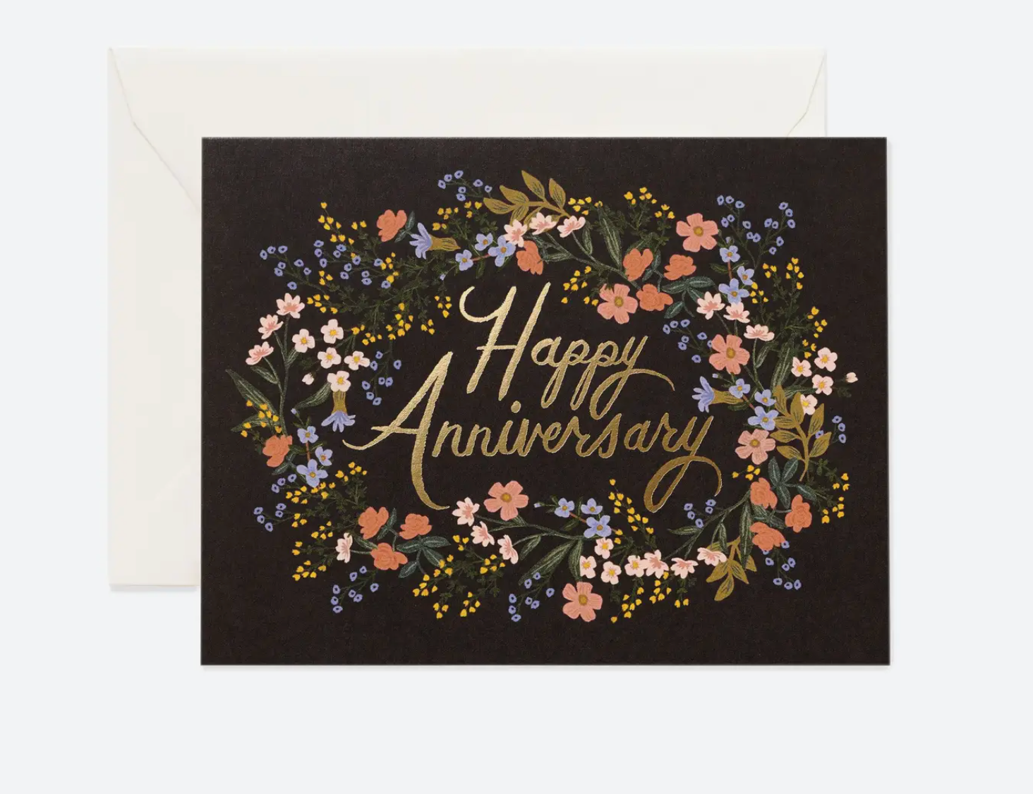 Rifle Paper Co. Anniversary Wreath Card, black card with a floral wreath around gold Happy Anniversary lettering, with envelope