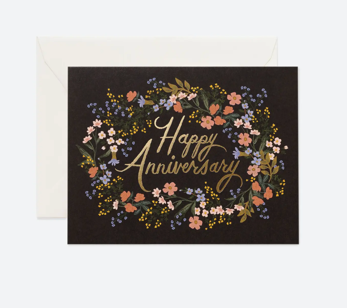 Rifle Paper Co. Anniversary Wreath Card, black card with a floral wreath around gold Happy Anniversary lettering, with envelope
