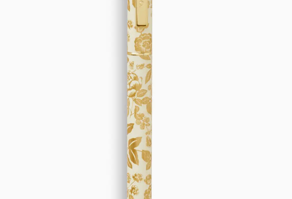 Rifle Paper Co. English Rose Pen, a slim pen with a cream and gold floral pattern