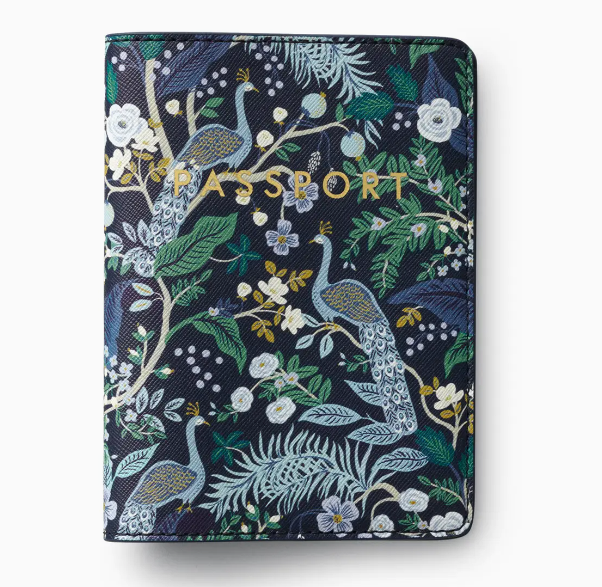 Rifle Paper Co. Peacock Passport Holder, a navy cover with a peacock and botanical print and gold lettering