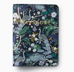 Rifle Paper Co. Peacock Passport Holder, a navy cover with a peacock and botanical print and gold lettering