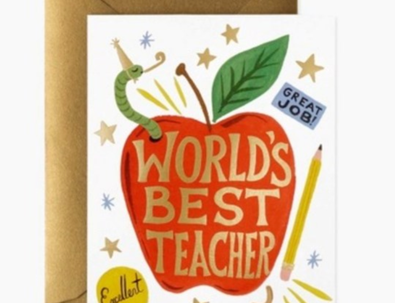 Rifle Paper Co. World's Best Teacher Card, a red apple illustration with a kraft envelope