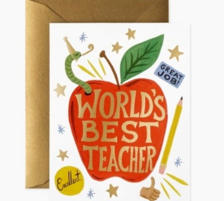 Rifle Paper Co. World's Best Teacher Card, a red apple illustration with a kraft envelope