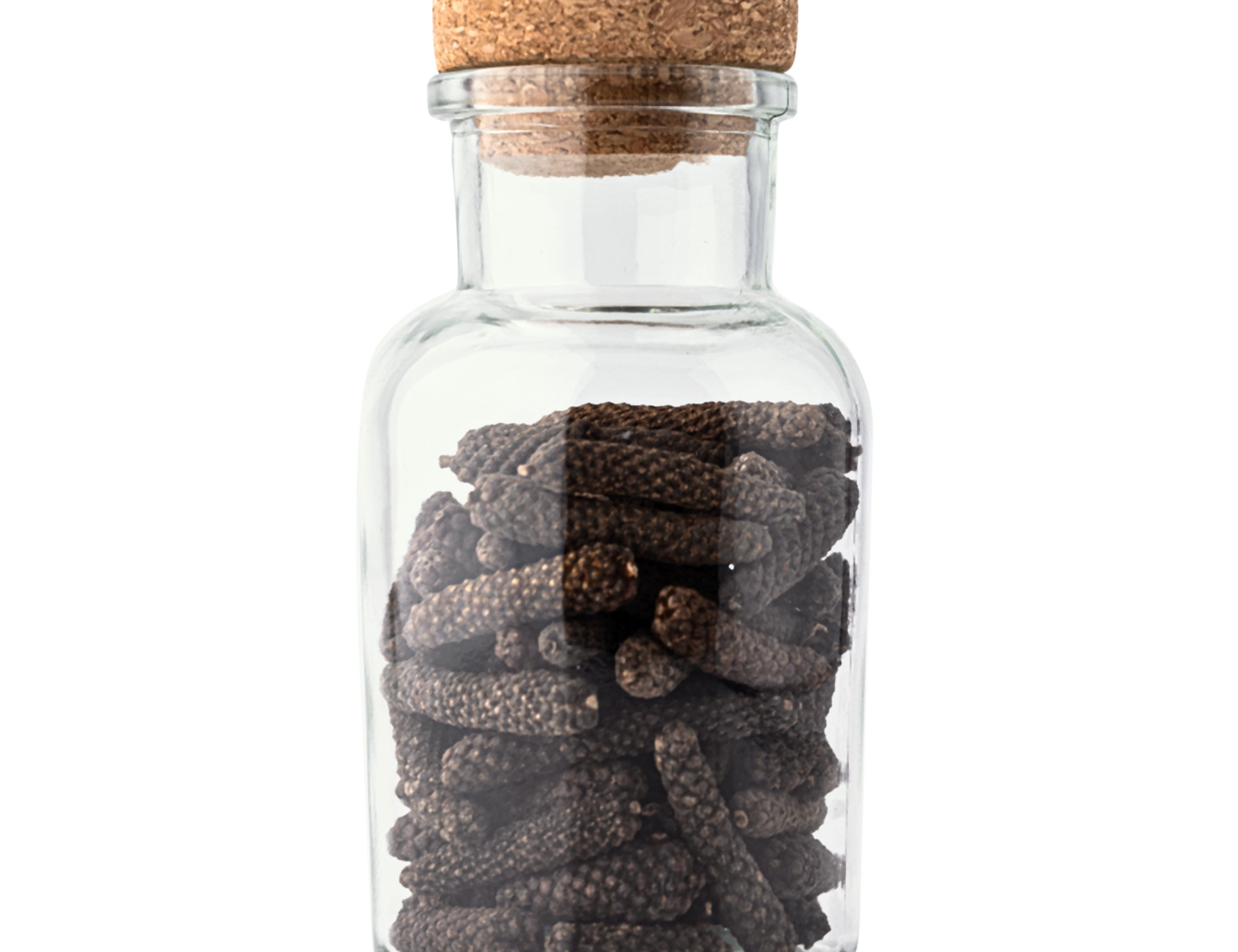 Rivsalt Java Long Pepper Refill in a glass jar with a cork stopper
