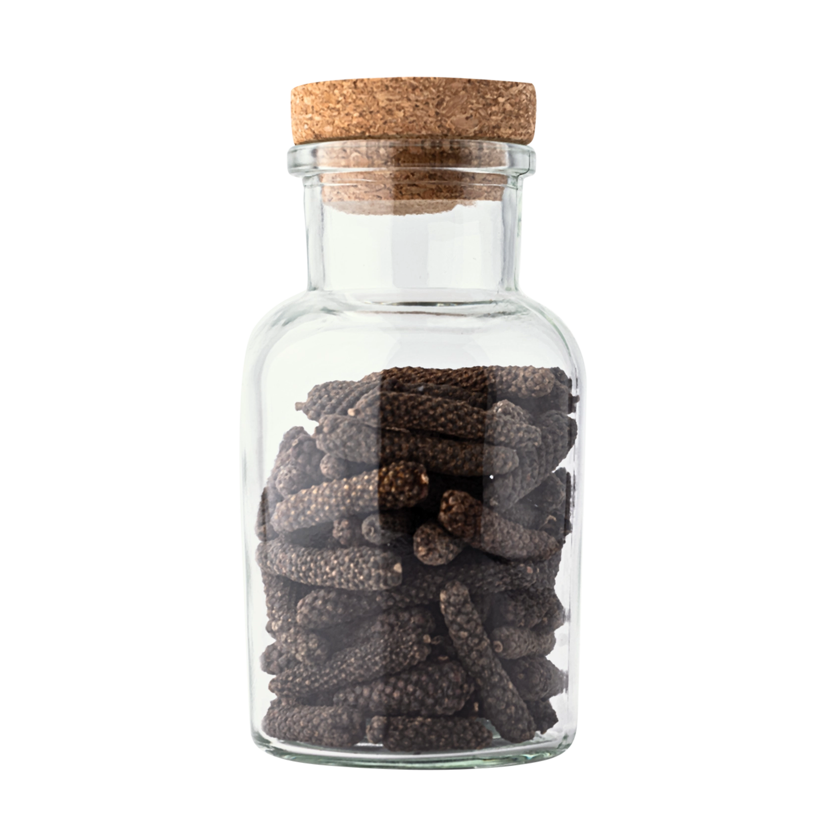 Rivsalt Java Long Pepper Refill in a glass jar with a cork stopper