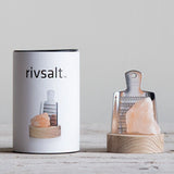 Rivsalt The Original Stainless Steel Salt Grater with a pink Himalayan salt rock beside its white tube