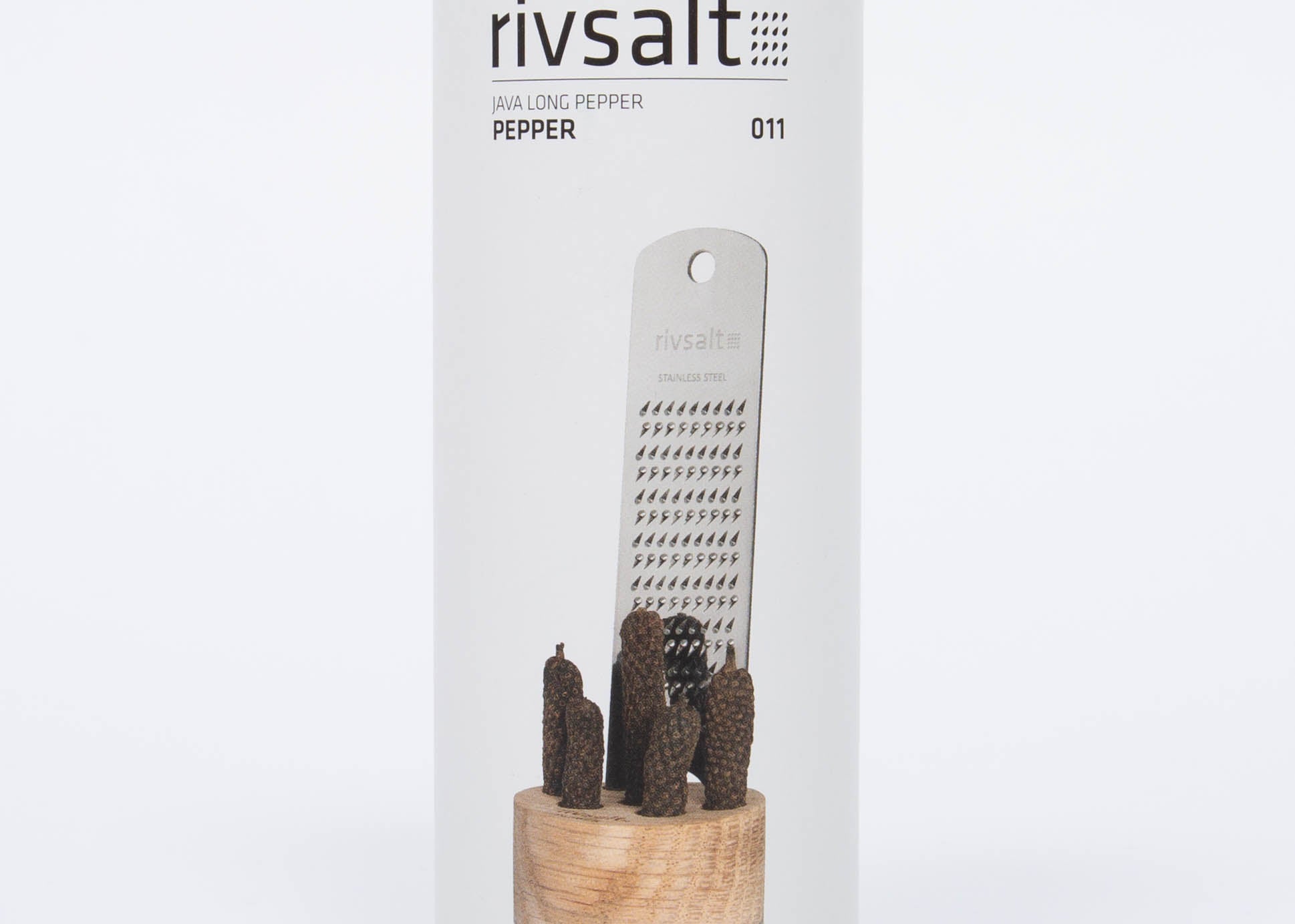 Rivsalt Pepper Stainless Steel Grater in its white retail tube with a window